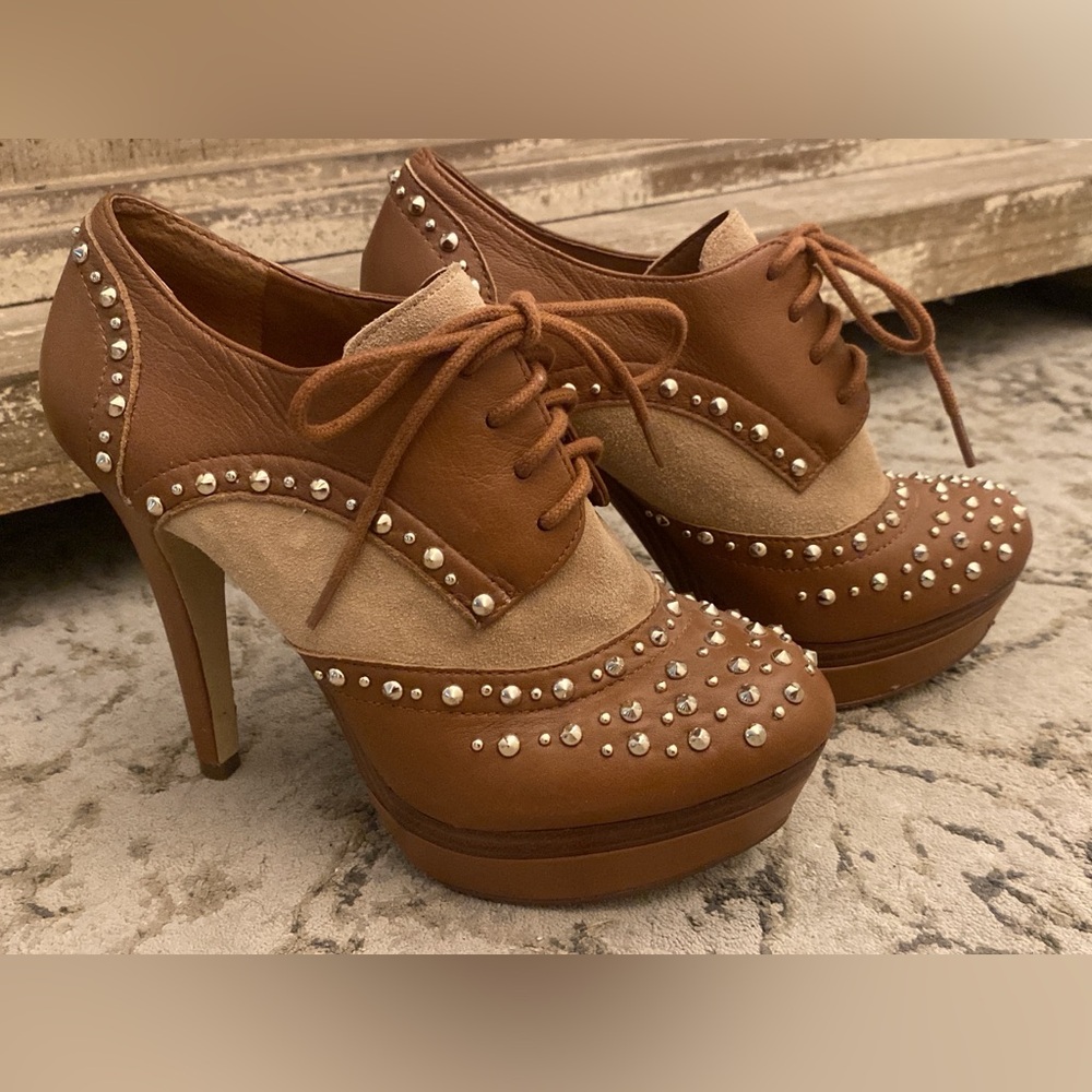Gianni Bini Studded Lace Up Brown Heels